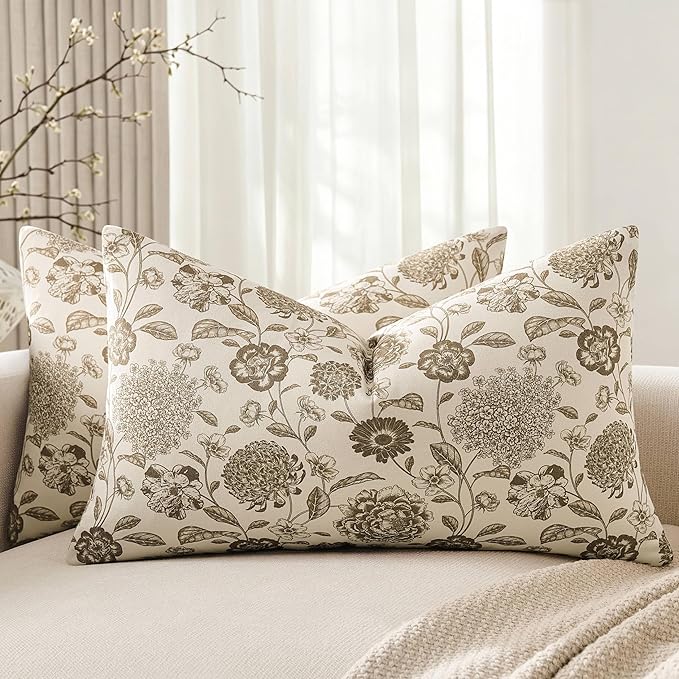 100% Cotton Botanical Throw Pillow Covers Set of 2, 12x20 Inch Latte, Farmhouse Double-Sided Floral Print Decorative Cushion Covers Pillow Cases Boho Home Decor