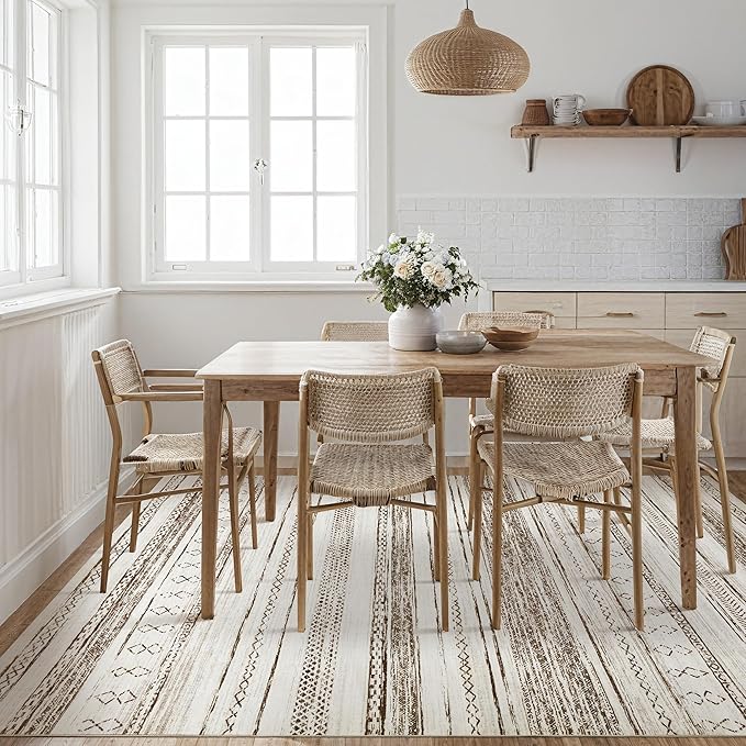 Tortania Area Rug Living Room Rugs - 12x18 Washable Large Soft Neutral Boho Moroccan Bohemian Farmhouse Rug Indoor Floor Carpet for Bedroom Under Dining Table Home Office Decor - Cream Brown