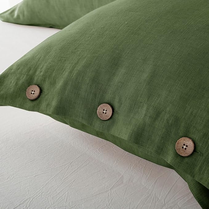 EVERLY 100% Linen Pillowcases Set of 2, French Linen from Normandy, 20X36Inch Standard Size, Natural Color, Coconut Buttons Closure, Flax Pillowshams-Pillowcase-Mossy Green