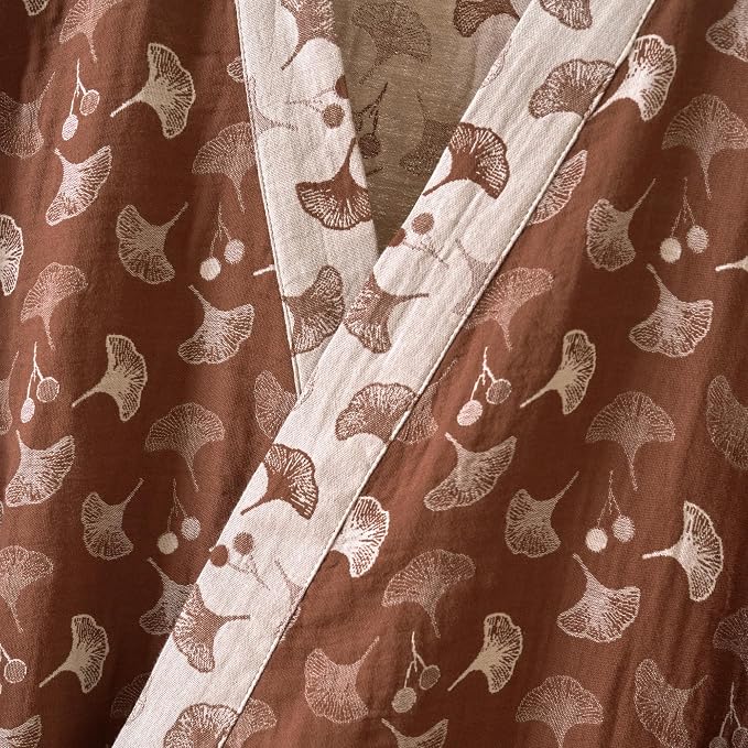 100% Cotton Gauze Ginkgo Leaf Kimono Robe, Long Knit Loose Bathrobe Nightgown Ladies Loungewear Sleepwear for Women