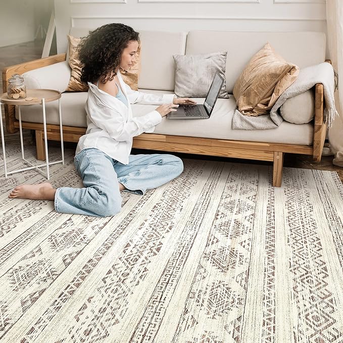 Tortania Area Rug Living Room Rugs - 9x12 Washable Large Soft Neutral Boho Moroccan Bohemian Farmhouse Rug Indoor Floor Carpet for Bedroom Under Dining Table Home Office Decor - Brown