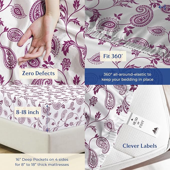 Mayfair Linen 100% Organic Cotton Printed Sheets King Size - Percale Weave Cotton King Size Sheet Set (4 PC, Paisley), Soft & Crisp, GOTS Certified, Cooling Sheets, 16" Deep Pocket