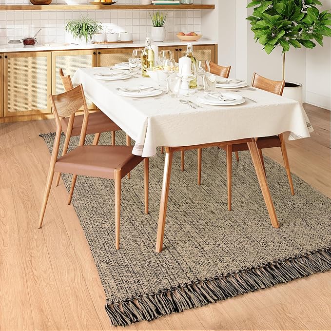Collive 4x6 Area Rug, Natural/Black Woven Cotton Washable Modern Bedroom Rugs, Boho Dining Room Door Rug Carpet with Tassel for Living Room Nursery Room Office, Outdoor Rug for Patio Hallway Decor