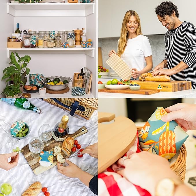 Honeybee Reusable Beeswax Wraps for Food | 5 Pack | Handmade in Australia | Eco Friendly, Organic, Biodegradable, Bee's Wrap for Bowl Covers and Food Storage | Reusable Cling Wrap