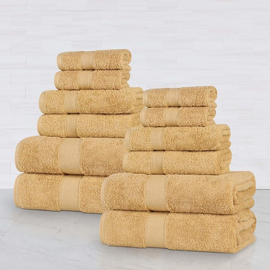 Superior 100% Organic Cotton 12-Piece Towel Set, Includes 4 Bath Towel, 4 Hand Towel, 4 Face Towel/Washcloth, Daily Use, Bathroom, Guest Bath, Absorbent, Home Essentials, Oregon Collection, Gold