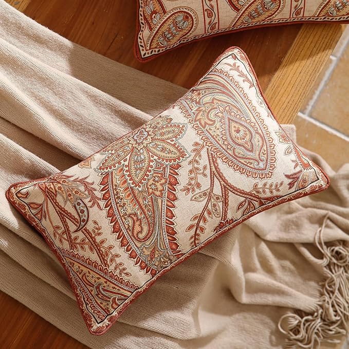 ISAENNE Design Linen Classic Vintage Throw Pillow Covers 12"x20" Pack of 2, Rectangle Cushion Covers with Orange Yellow Paisley Style Pattern Decor Pillowcases for Bed,Living Room,Outdoor,Car