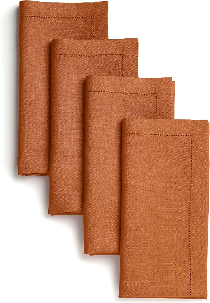 Signature Linen™ by D'Moksha Rust Dinner Napkins Set of 4, 20 x 20 Inch Cloth Napkins, 100% Pure Linen, Hemstitch, Machine Washable Table Napkins- Summer, Father's Day