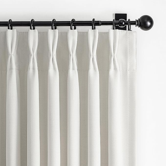 Beige White Blackout Small Kitchen Window Curtains 45 Inch Length 2 Panel Set, Memory Trained Pinch Pleated Thermal Double Layer Linen Curtain Soundproof Light Blocking Decorative Drapes with Back Tab