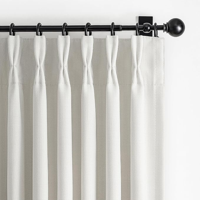PleatedDrapes Short Blackout Thick Linen Curtains 54 Inch Long 2 Panels Set for Cafe, Off Beige White Memory Trained Pinch Pleated Thermal Cottage Core Basement Window Curtain & Drapes 4-1/2 FT Length