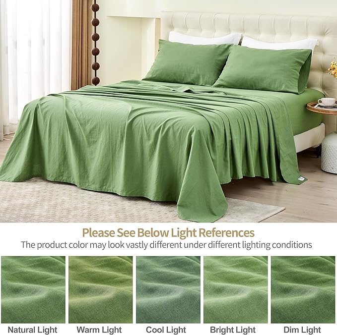 BISELINA Linen Sheet French Flax Flat Sheet Only 55% Euro Linen 45% Cotton Basic Style Solid Color Soft Breathable Farmhouse Top Sheet 1-Piece (Full, Khaki Green)