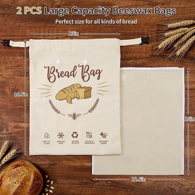 2 Pack Beeswax Bread Bags for Homemade Sourdough with Detachable Liner & Handles, X-Large Reusable Food Storage Bag, Organic Cotton Wrap for Artisan Bread, Eco-Friendly & Washable