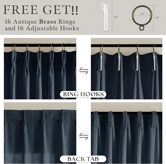 Navy Light Filtering Boys Bedroom Curtains 63 Inches Long 2 Panels Set for Small Window Dark Blue Boho Farmhouse Pinch Pleated Linen Short Semi Sheer Back Tab Bedroom Bay Windows 50Wx63L Length