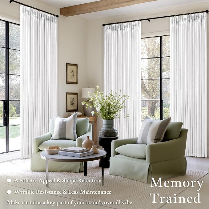 Pinch Pleated White Linen Curtains 84 Inches Long 2 Panels Set Thick Textured Drapes for Living Room Bedroom Dining Pinch Pleat Back Tab Light Filtering Boho Farmhouse Window Curtains 84 Inch Length