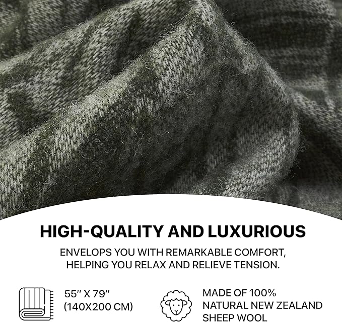 | Wool Blanket/Throw | 100% New Zealand Wool | Perfect for Home and Outdoors | Virgin Wool Blanket with Fringes 55"x79" (140 x 200 cm) (Emerald Leaves)