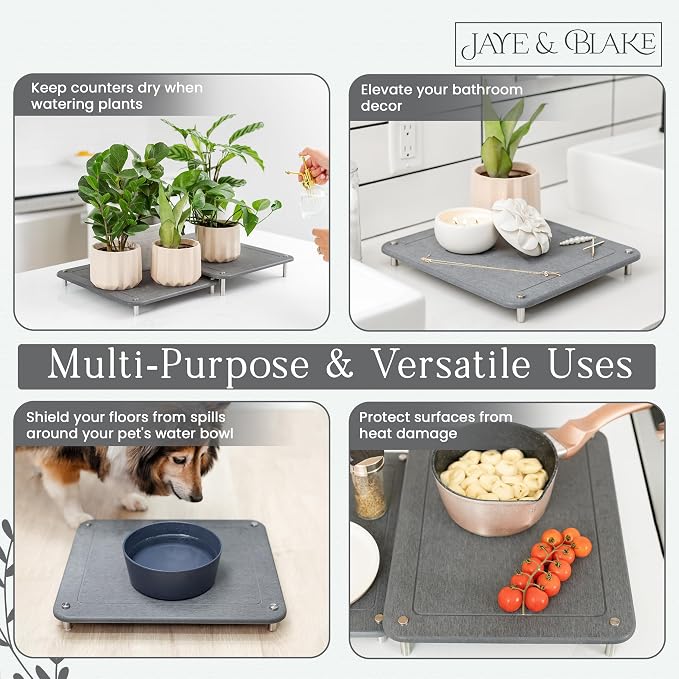 2 PCs Nesting Stone Dish Drying Mats for Kitchen Counter - Absorbent Quick Drying Diatomaceous Earth Stone Drying Mat with Non-Slip Feet - Heat Resistant & Odorless Dish Drying Stone Mat - Gray Solid