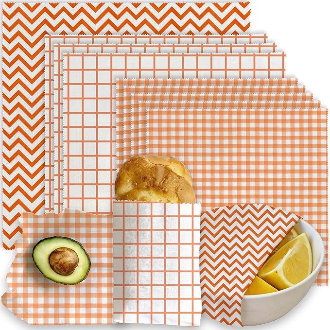Reusable Beeswax Wraps, 9 Pack Eco-Friendly Food Storage, Organic, Sustainable, Zero Waste, Plastic-Free, Sandwich, Snack, Bowl Cover, 1XL, 3M, 5S, Orange Chevron Grid Gingham Patterns