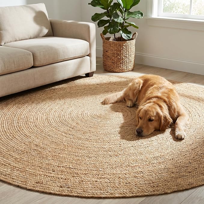 THE BEER VALLEY Jute Braided Area Rug 8 Feet Round - Natural | Reversible Handwoven Circle Rug for Living Room, Bedroom, Nursery - Large Farmhouse Indoor Décor Floor Mat