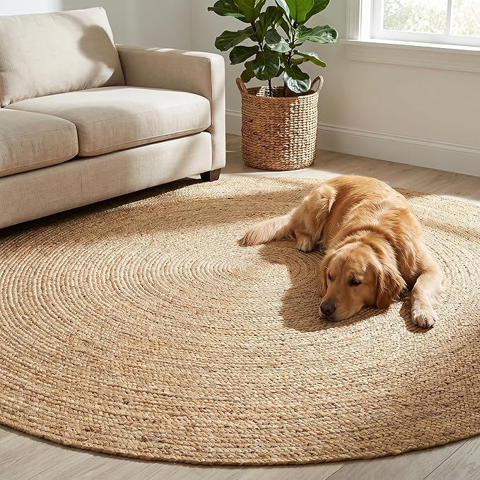 THE BEER VALLEY Jute Braided Area Rug 6 Feet Round - Natural | Reversible Handwoven Circle Rug for Living Room, Bedroom, Nursery - Large Farmhouse Indoor Décor Floor Mat