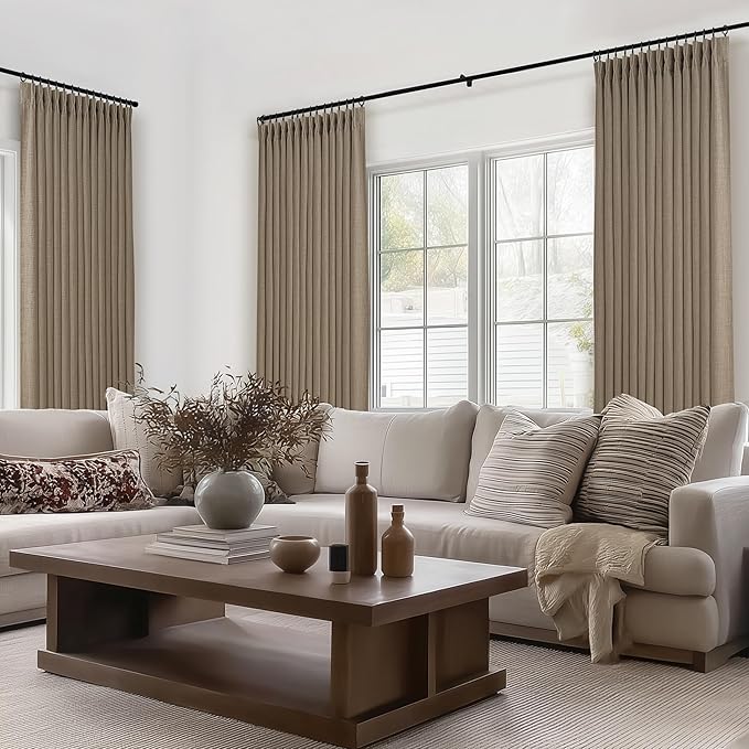 PleatedDrapes Textured Linen Blackout Curtains 90 Inches Long for Dining Room, Pleat Dark Flax Thermal Insulated Window Drapes Room Darkening Floor Length 90 Inch Curtain 2 Panel Set with Metal Rings