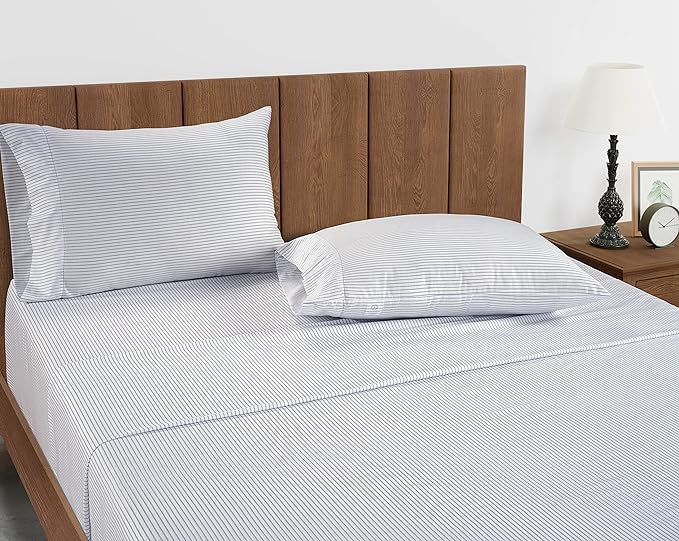 LANE LINEN 100% Organic Cotton Twin Size Fitted Sheet & Pillowcase (No Flat Sheet) - Soft & Breathable Percale Weave Fitted Sheet Set - 15'' Deep Pocket For Snug Fit - GOTS Certified - Ticking Stripe