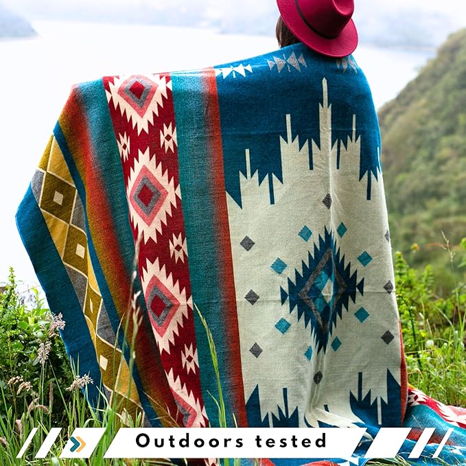 Alpaca Wool Throw Blanket, Native Design Wool Blanket, Throw Aztec Pattern Alpaca Wool Throw Blanket (Turquoise, Throw 78"x48")