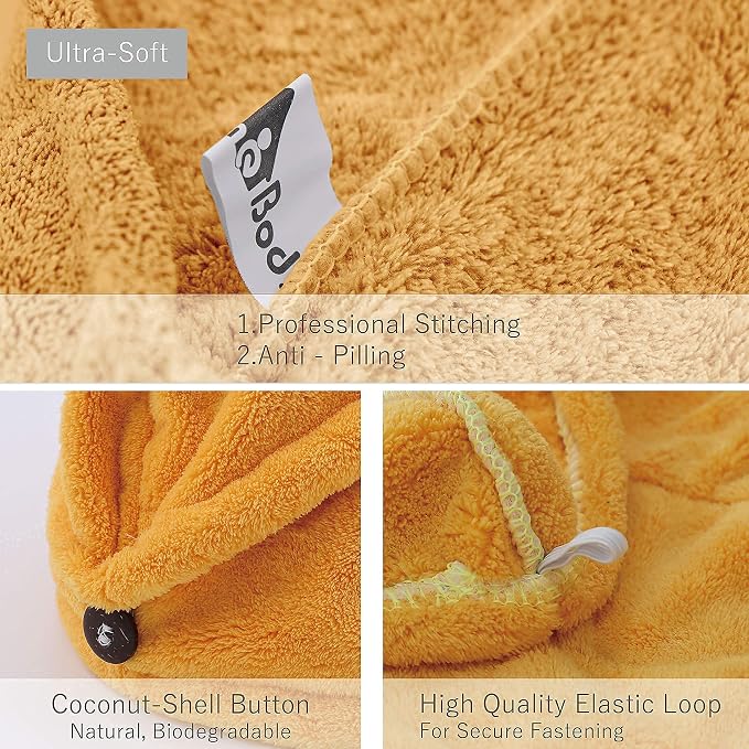 myHomeBody Hair Towel Wrap, Quick Drying Turban, Absorbent Cap – Mango | Hair Turban Towel for wet hair, Ultra Soft Charcoal Fiber Cap, Towel Head Wrap for bathing with Coconut Shell Button