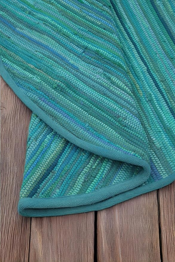 Cotton Hand Woven Chindi Area Rug 4 Feet Round - Teal, Reversible Circle Green Dinning Space Floor Rugs Ideal for Bedroom, Living Room, Kitchen | Large Farmhouse Recycled Patio Mats for Balcony Décor