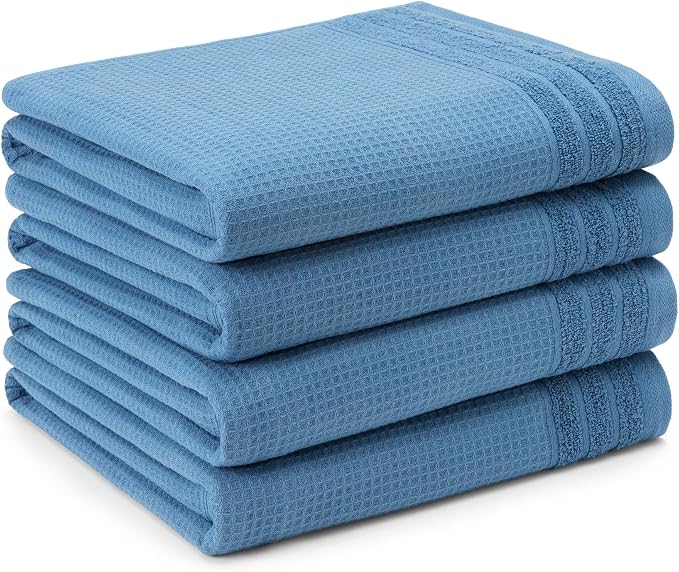 Town & Country Basics 4-Piece Waffle Woven Terry Stripe Bath Towel Set, 30x56-Inch, 100% Cotton, Quick Dry, Blue