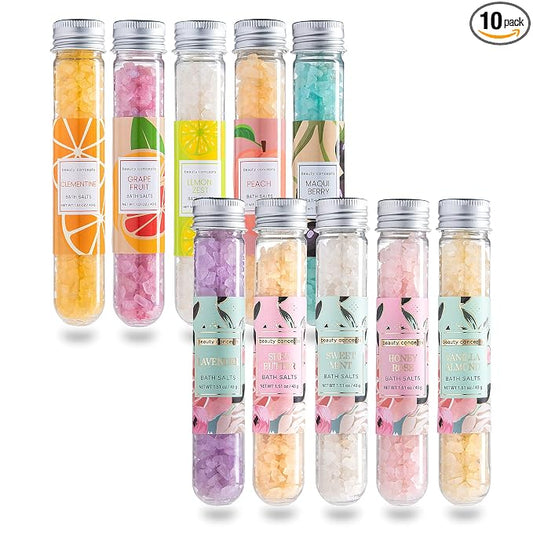 B.C. Beauty Concepts Aromatherapy Bath Salts- Epsom Salts for Soaking, Relaxing Bath Spa Set, Scented in Vanilla Almond, Shea Butter, Sweet Mint, Honey Rose, and Lavender, 10 Pack - Floral and Fruits