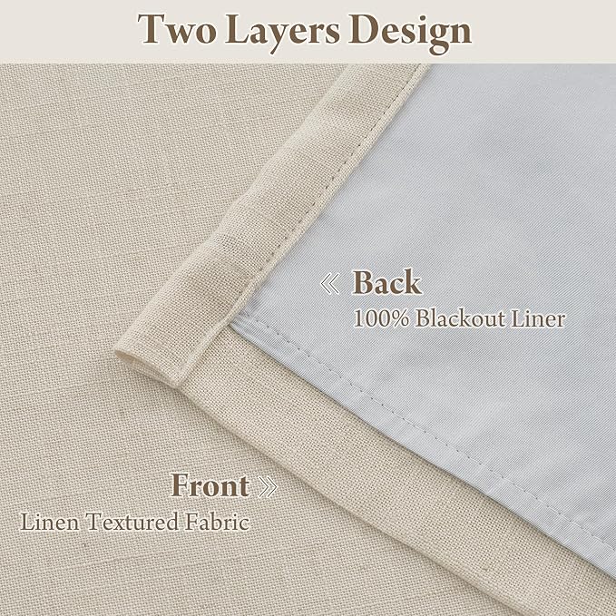 RYB HOME 100% Blackout Beige Pinch Pleated Linen Curtains for Bedroom, 2 Layers Thermal Insulated Natural Neutral Decor for Farmhouse Living Room, 40" W x L84 L, 2 Panels Set
