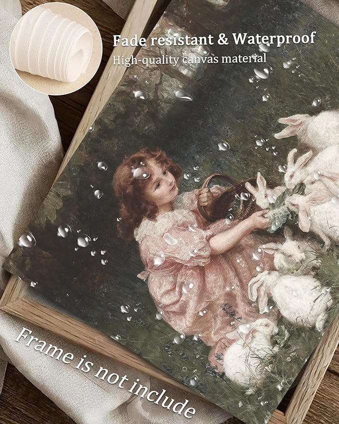Vodefoad Little Girl Feeding Bunnies Painting Art Vintage Easter Antique Rabbit Oil Painting and Child Wall Art Girl in Field With Rabbits for Nursery Gril Bedroom Gallery Bathroom Office Decor - 8x10Inch Unframe