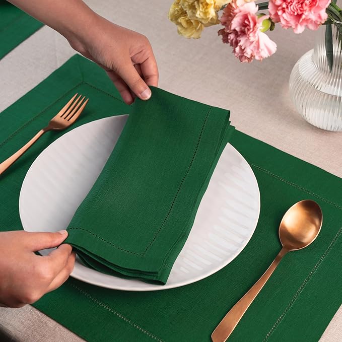 Signature Linen™ by D'Moksha Eden Green Dinner Napkins Set of 4, 20 x 20 Inch Cloth Napkins, 100% Pure Linen, Hemstitch, Machine Washable Table Napkins- Summer, Father's Day