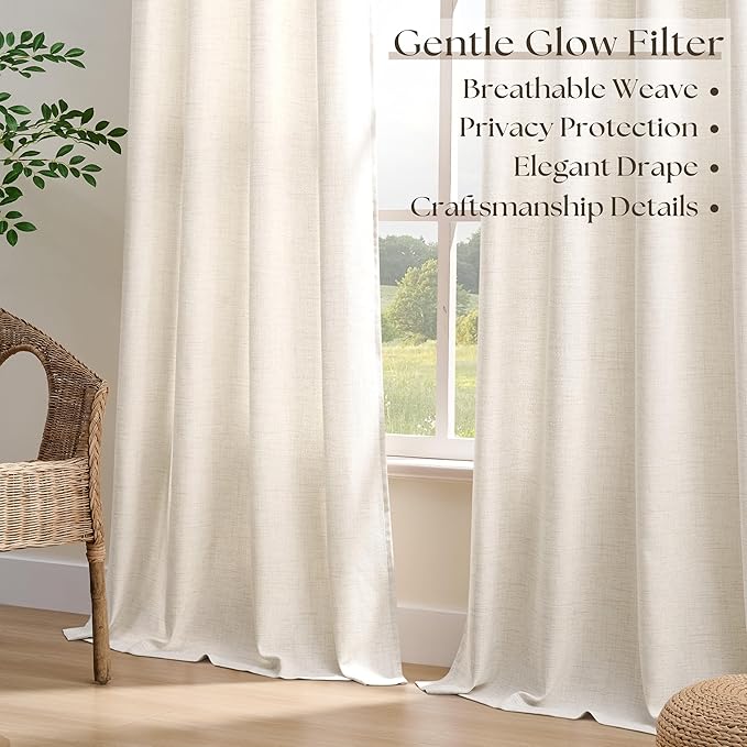 Ivory Cream Colored Curtains 100 Inch Length 2 Panels Light Filtering Semi Sheer Grommet Drapes Thick Linen Privacy Boho Farmhouse Modern Long Curtain for High Ceiling Living Room 52x100