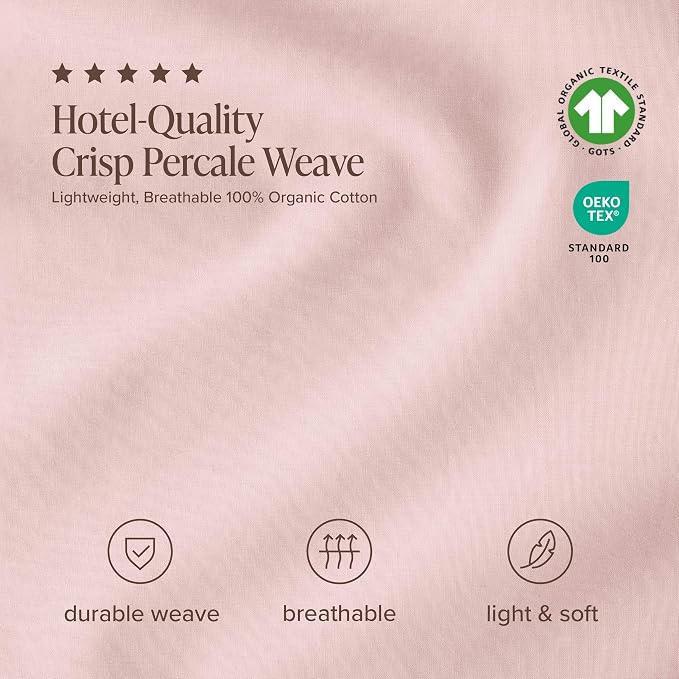 Bare Home 100% Organic Cotton Twin XL Sheet Set - Crisp Percale Weave - Lightweight & Breathable - Bedding Sheets & Pillowcases (Twin XL, Dusty Pink)