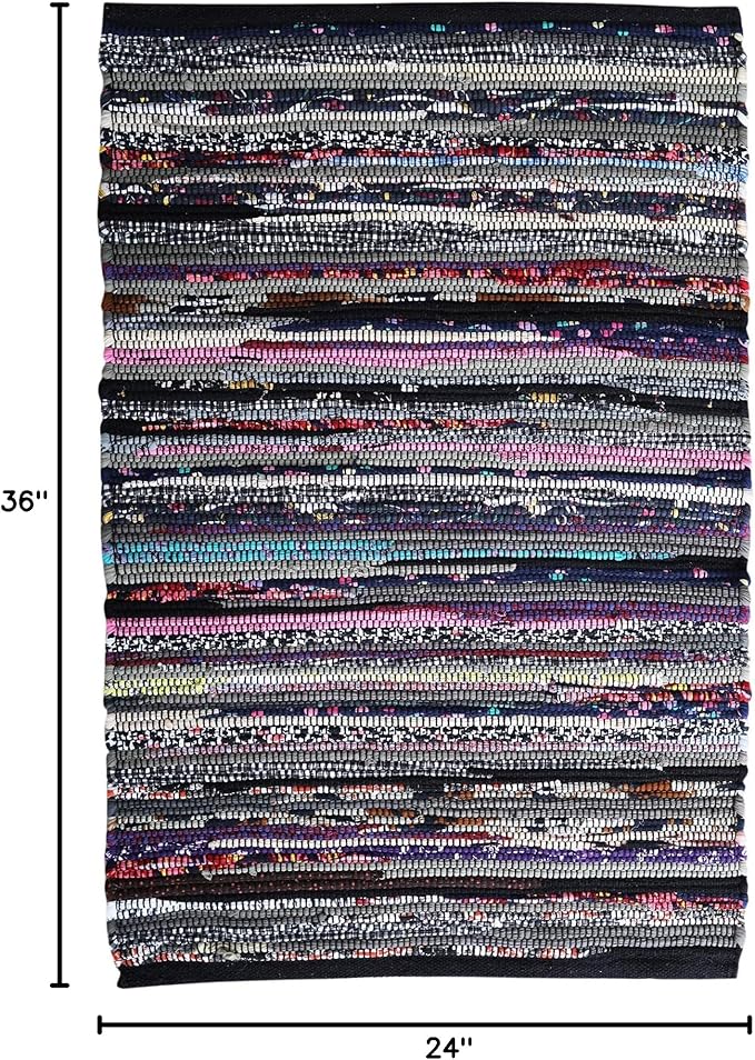 Cotton Hosiery Hand Woven Area Rug 2x3 Feet - Dark Multi, Accent Decorative Farmhouse Reversible Throw Indoor Carpet Ideal for Entryway, Kitchen, Laundry | Black Small Soft Floor Mat for Nursery