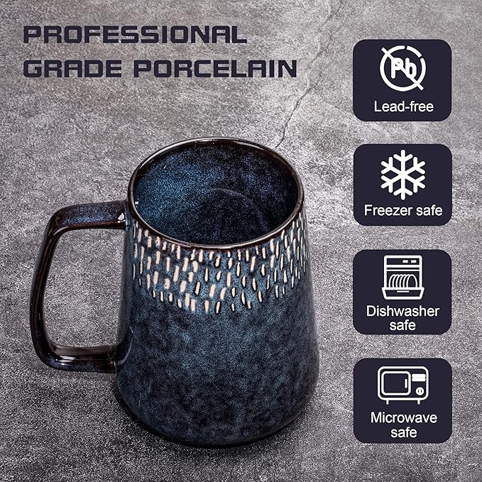 Extra Large Ceramic Coffee Mug,24 Oz,Oversized Tea Cup for Home and Office,With Big Handle,Dishwasher and Microwave Safe (24 Oz Blue with Star)
