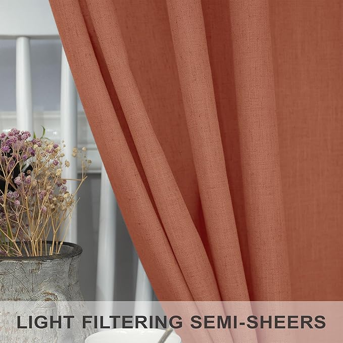 Pitalk Terracotta Curtains 84 Inches Long for Living Room Back Tab Rod Pocket Fall Drapes Semi-Sheer Boho Linen Home Decor Western Curtains for Bedroom 2 Panels Rust Colored