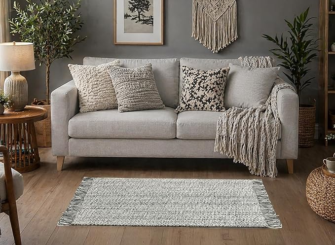 COTTON CRAFT Woven Area Rug - 2 Pack Reversible Boho Farmhouse Rustic Cotton Throw Rug Carpet with Fringe - Machine Washable Mat for Bedroom Living Room Entryway Bathroom - 22x34 - Grey Natural