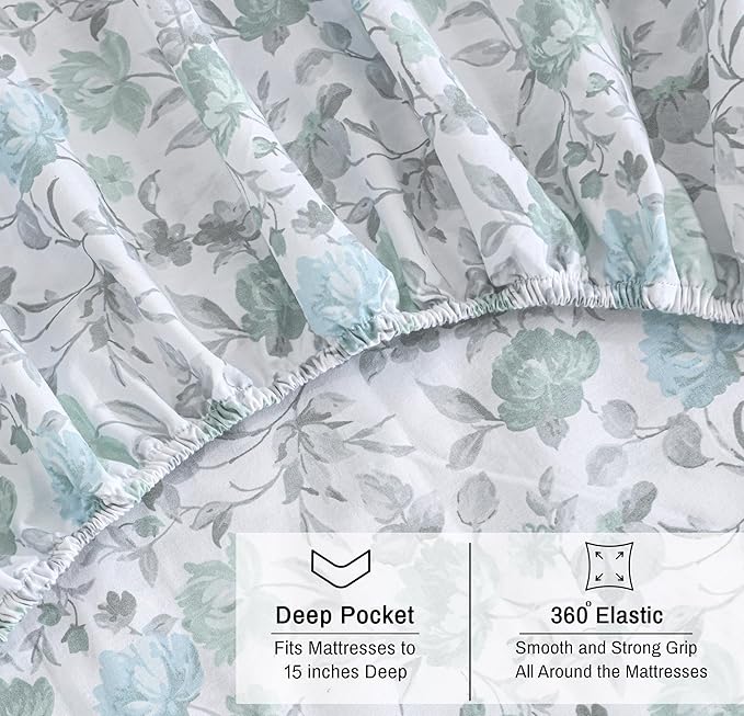 RUVANTI 100% Cotton Organic Percale Sheets Full Size – Crisp Cooling Bed Sheets for Hot Sleepers, Deep Pocket 15”, Soft Peach Finish, Breathable & Durable Hotel-Style 4 Pcs, Cold Chrysanthemum