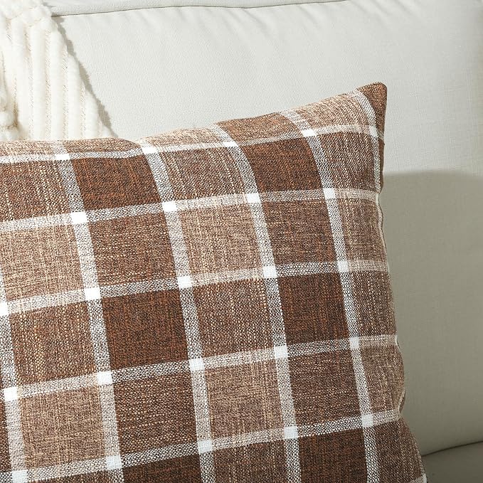 Stellhome Pack of 2 Faux Linen Buffalo Check Throw Pillow Covers, Farmhouse Plaid Decorative Cushion Covers for Couch Sofa Living Room, 26x26 Inch, Chocolate