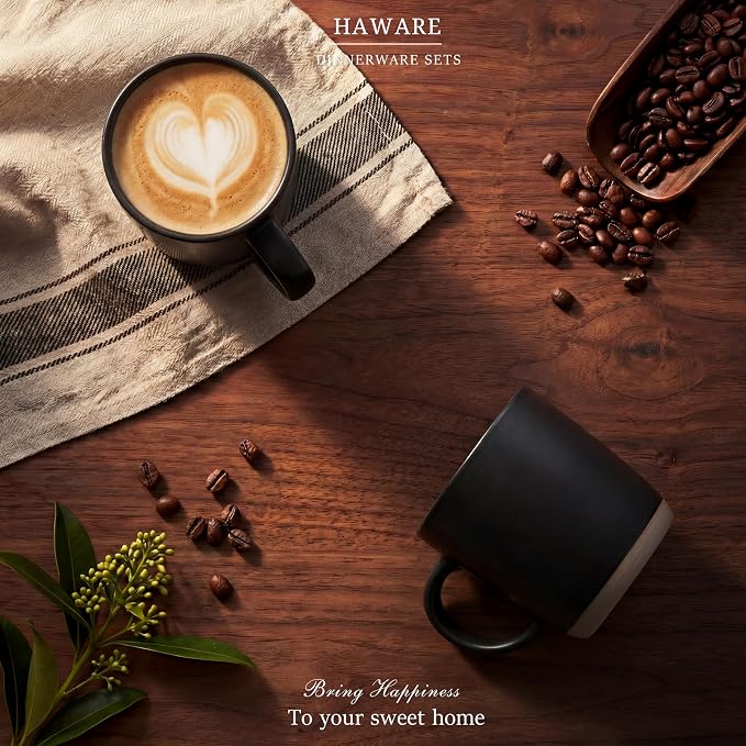 HaWare 13OZ Coffee Mugs Set of 6, Stoneware Coffee Cups, Ceramic Latte Mug for Man, Woman, Dad, Mom, Modern Tea Mugs for Latte/Cappuccino/Cocoa/Milk, Dishwasher& Microwave Safe, Frosting Black