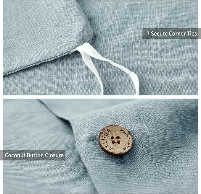 ATLINIA 100% Flax Linen Duvet Cover Set - Stone Washed Pure French Linen Organic Fabric for Farmhouse Comforter Boho Bedding Included 1 Duvet Cover 2 Pillow Shams(Dusty Blue, King)