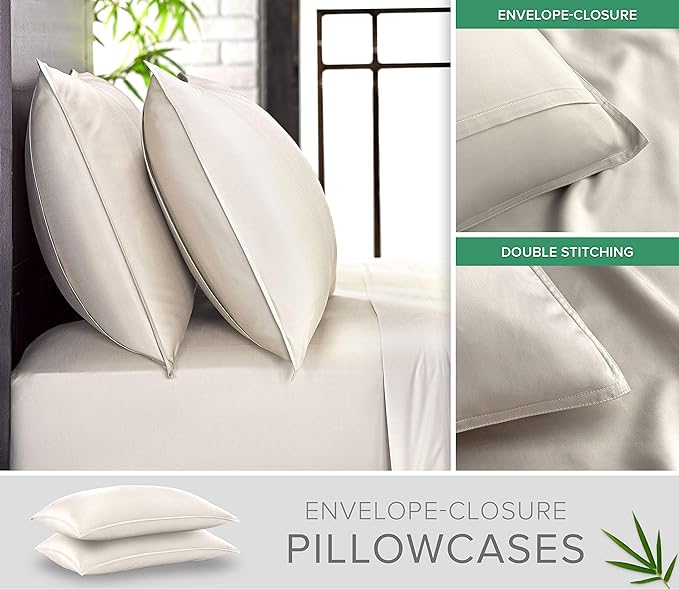 King Pillowcases by Pure Bamboo, Genuine 100% Organic Viscose Derived from Bamboo, Luxuriously Soft & Cooling, Double Stitching, Envelope Closure (2 King Pillowcases, Ivory)