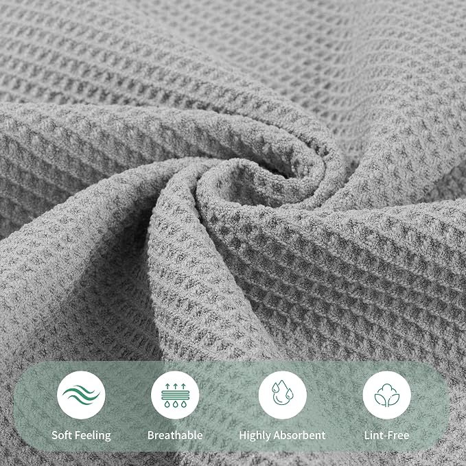 MICROFI Waffle Weave Bath Towel Set, Microfiber, 4 Pieces (Body/Hair/Hand/Face), Quick Dry, Lightweight, Super Absorbent, Lint Free, 380 GSM (Silver)