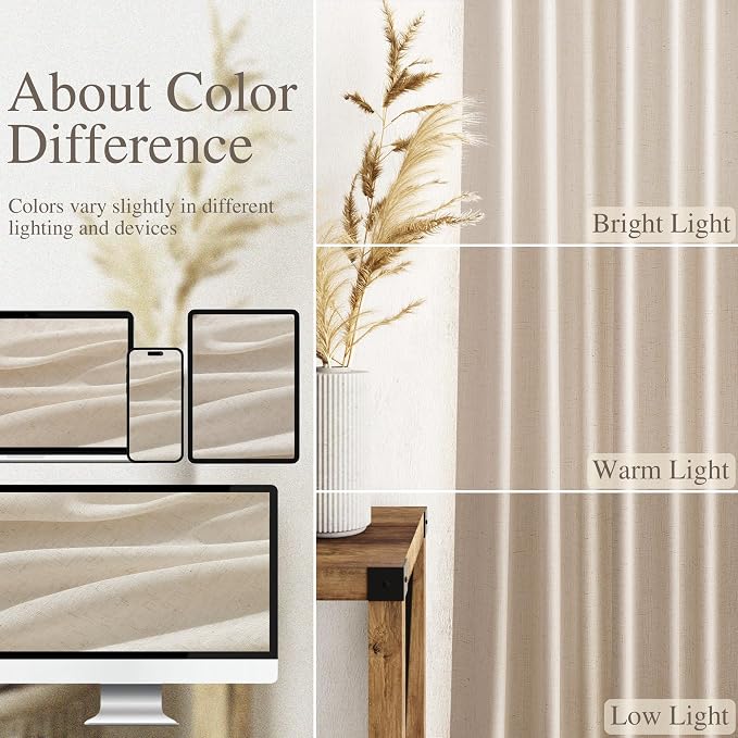 Nanspring Cream Beige Curtains 90 Inches Long for Living Room Linen Light Filtering Semi Sheer Curtain Back Tab Rod Pocket Modern Farmhouse Decor Elegant Coastal Drapes for Bedroom 52x90, 2 Panels