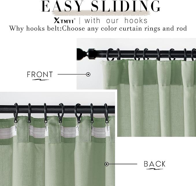 XTMYI Sage Green Sheer Curtains 63 Inch Length for Living Room,Boho Rod Pocket Light Filtering Linen Semi Transparent Bedroom Curtains Drapes 63 Inches Long 2 Panels Set for Bathroom Window Kitchen