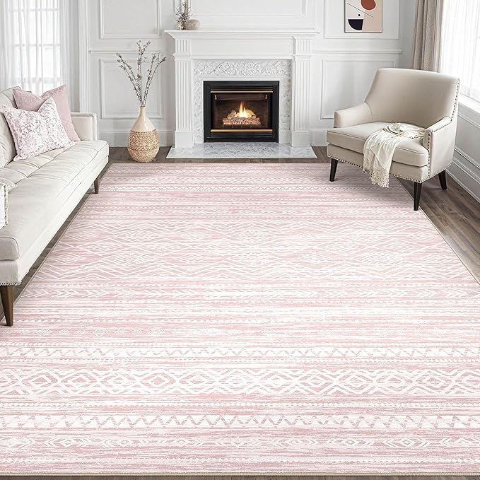 Tortania Area Rug Living Room Rugs- 9x13 Washable Large Soft Neutral Boho Moroccan Bohemian Farmhouse Rug Indoor Floor Carpet for Bedroom Under Dining Table Home Office Decor - Pink