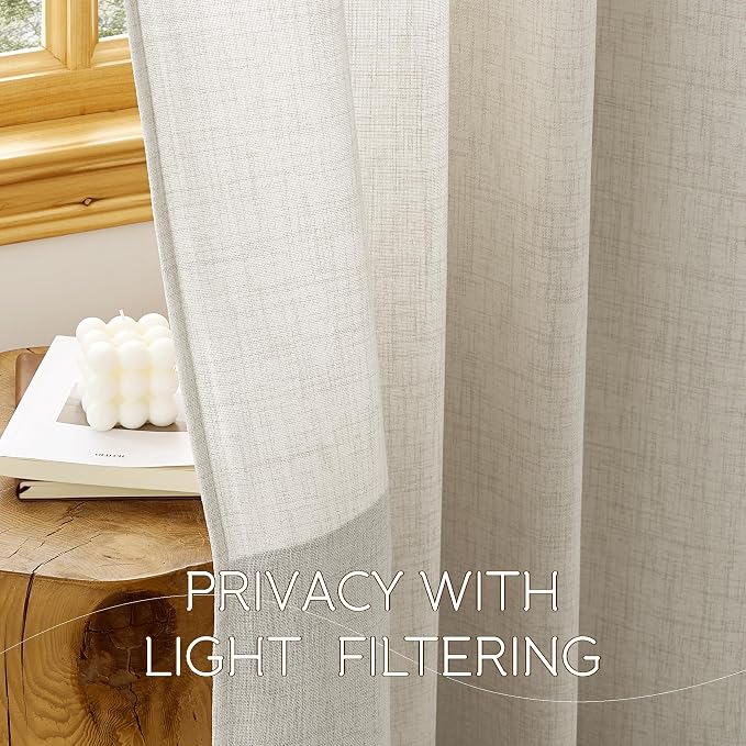 NICETOWN Beige Linen Curtains 96 Inch Length for Living Room 2 Panels, Privacy Light Filtering Grommet Semi Sheer Curtain Linen Textured Drapes Burlap Look for Bedroom Window, 52" W x 96" L