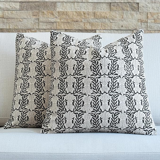FIOUOVO Floral Throw Pillow Covers 20x20 Set of 2 Block Print Cushion Covers Farmhouse Neutral Accent Decorative Pillow Covers Home Decor for Sofa Couch Living Room Bedroom, Charcoal Black