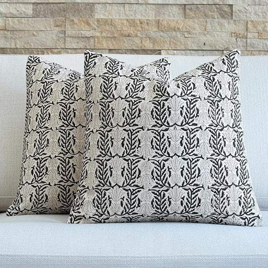 FIOUOVO Floral Throw Pillow Covers 20x20 Set of 2 Block Print Cushion Covers Farmhouse Neutral Accent Decorative Pillow Covers Home Decor for Sofa Couch Living Room Bedroom, Charcoal Black